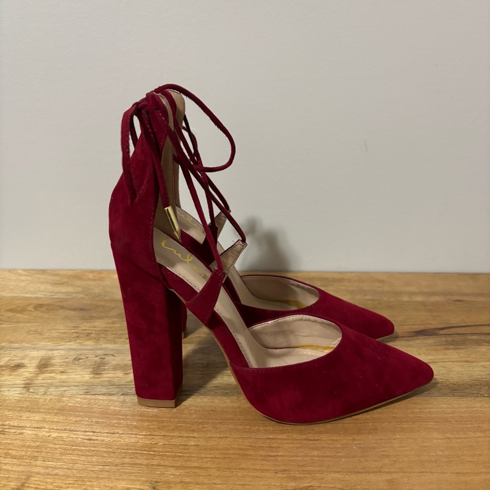 NWOT Lulus Angela Burgundy Suede Lace-Up Heels | Pointed Closed Toe | Wms Sz 7